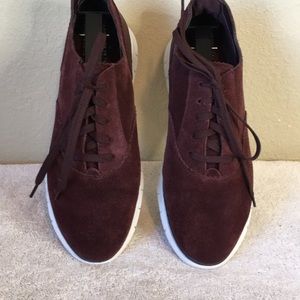 Vionic burgundy suede lace up sneakers with white/burgundy stripe soles. Size 9.